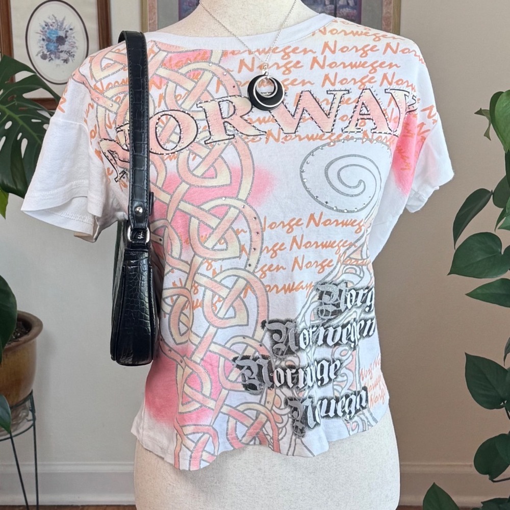 Y2K Norway Souvenir Baby Tee White Pink Graphic Rhinestone Indie Sleaze Top - Picture 2 of 7